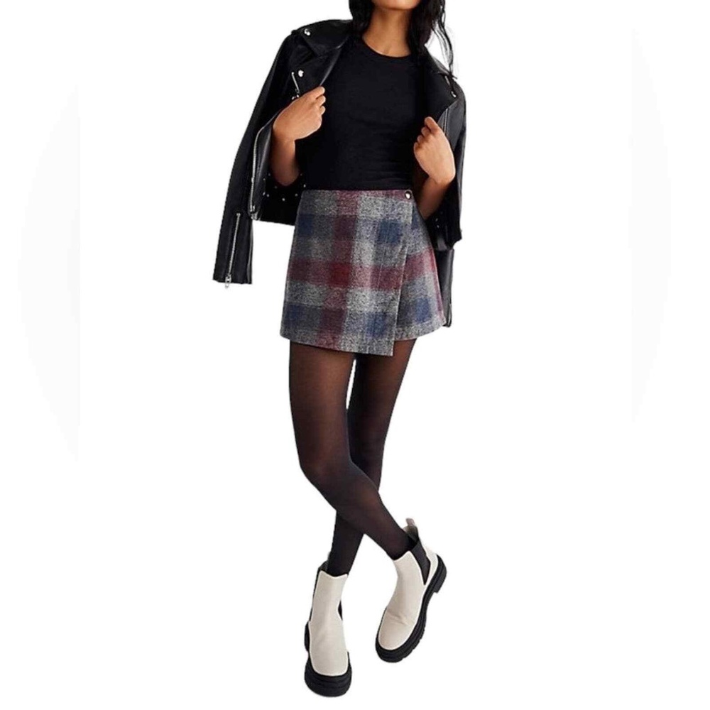 Free People Emmy Mini Menswear Skort in Burgundy/Grey Plaid